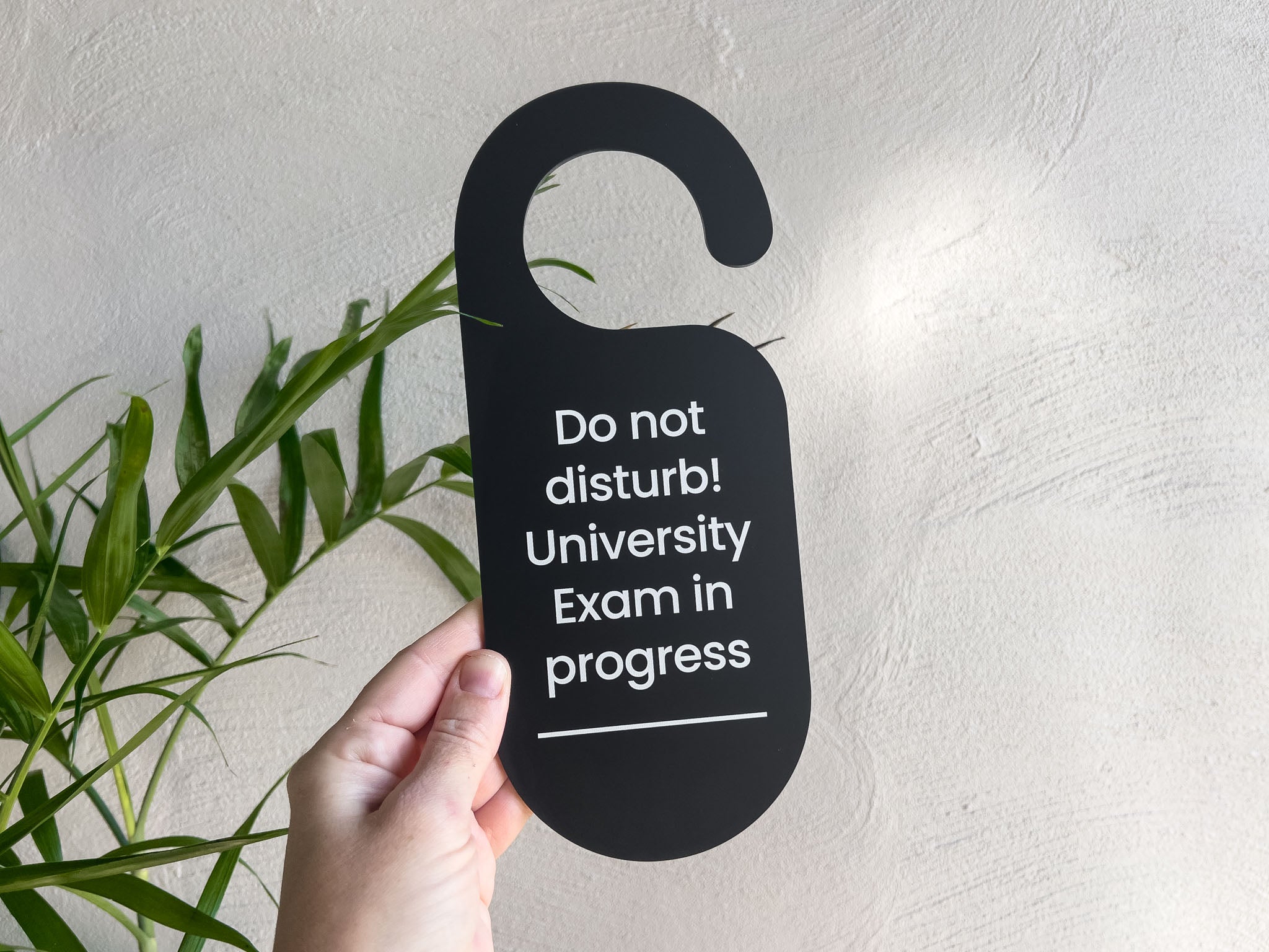 Hand holding a black door hanger with 'Do not disturb! University Exam in progress' text against a light background.