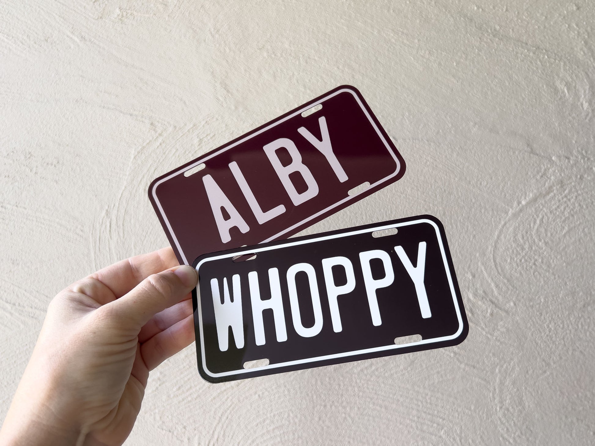 Two mini novelty license plates with 'ALBY' and 'WHOPPY' text held by a hand against a light background.