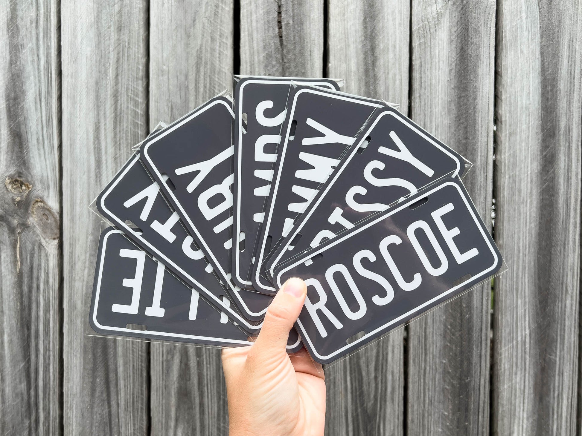 Hand holding mini personalised license plate-style signs with names against a wooden background