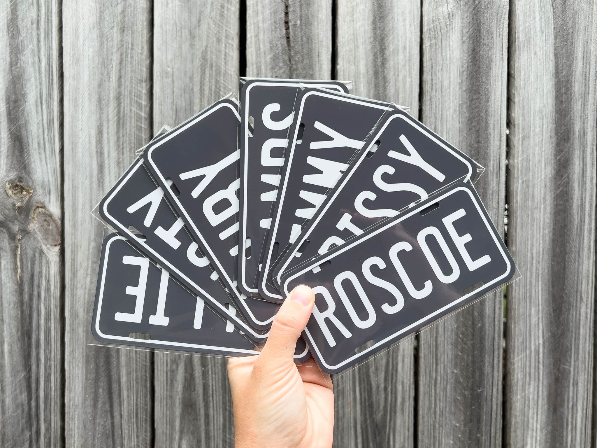 Hand holding mini personalised license plate-style signs with names against a wooden background