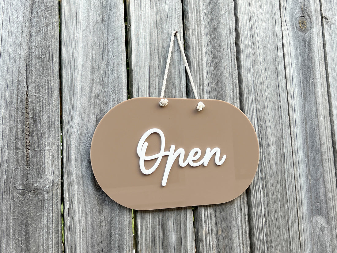 Custom made acrylic brown and white reversible acrylic 'Open Closed' sign.