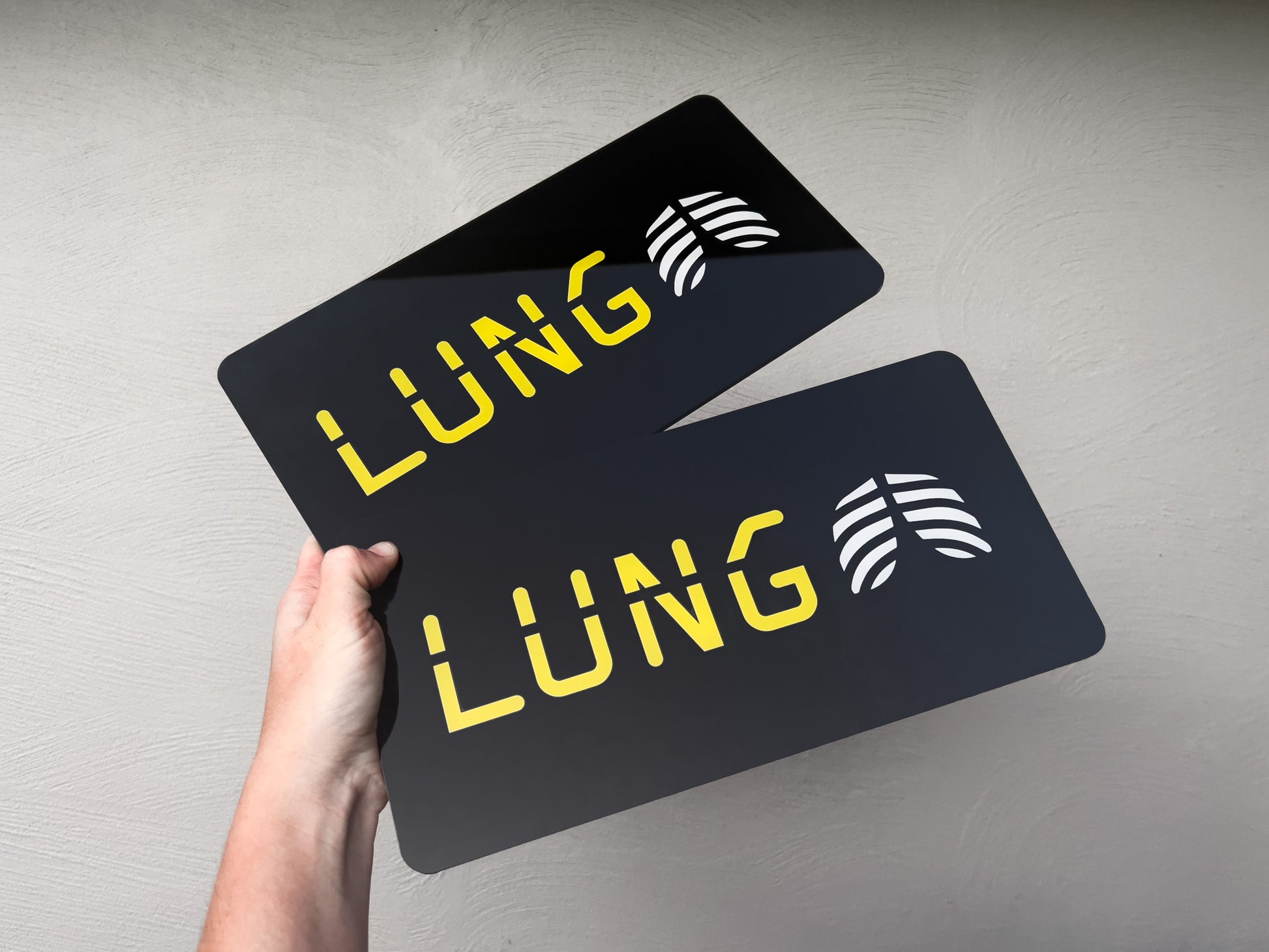 Two custom printed glossy logo plates with the brand name 'Lung'.