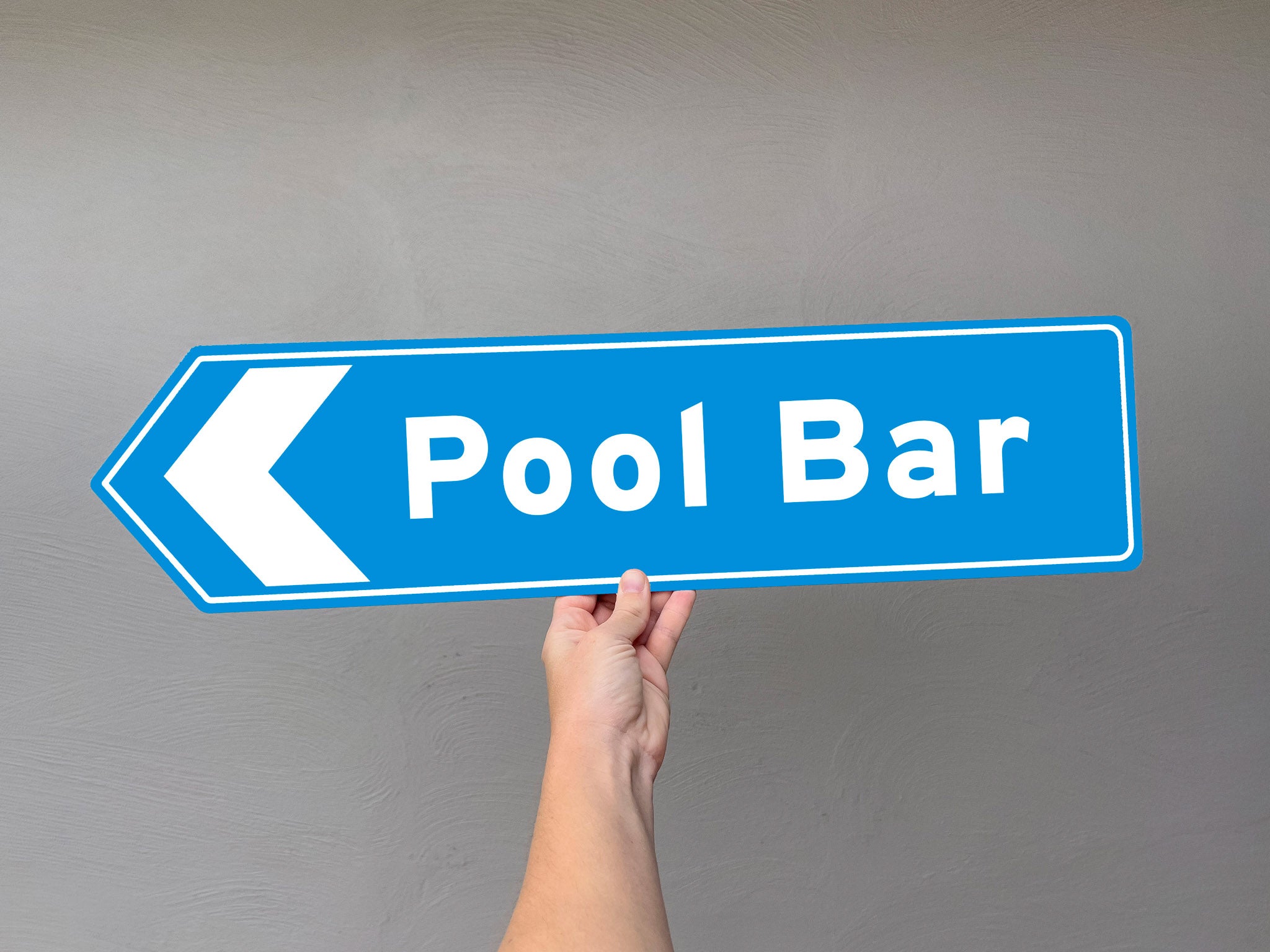 Cool fun custom direction sign that says 'Pool Bar' in an ocean blue colour and white.