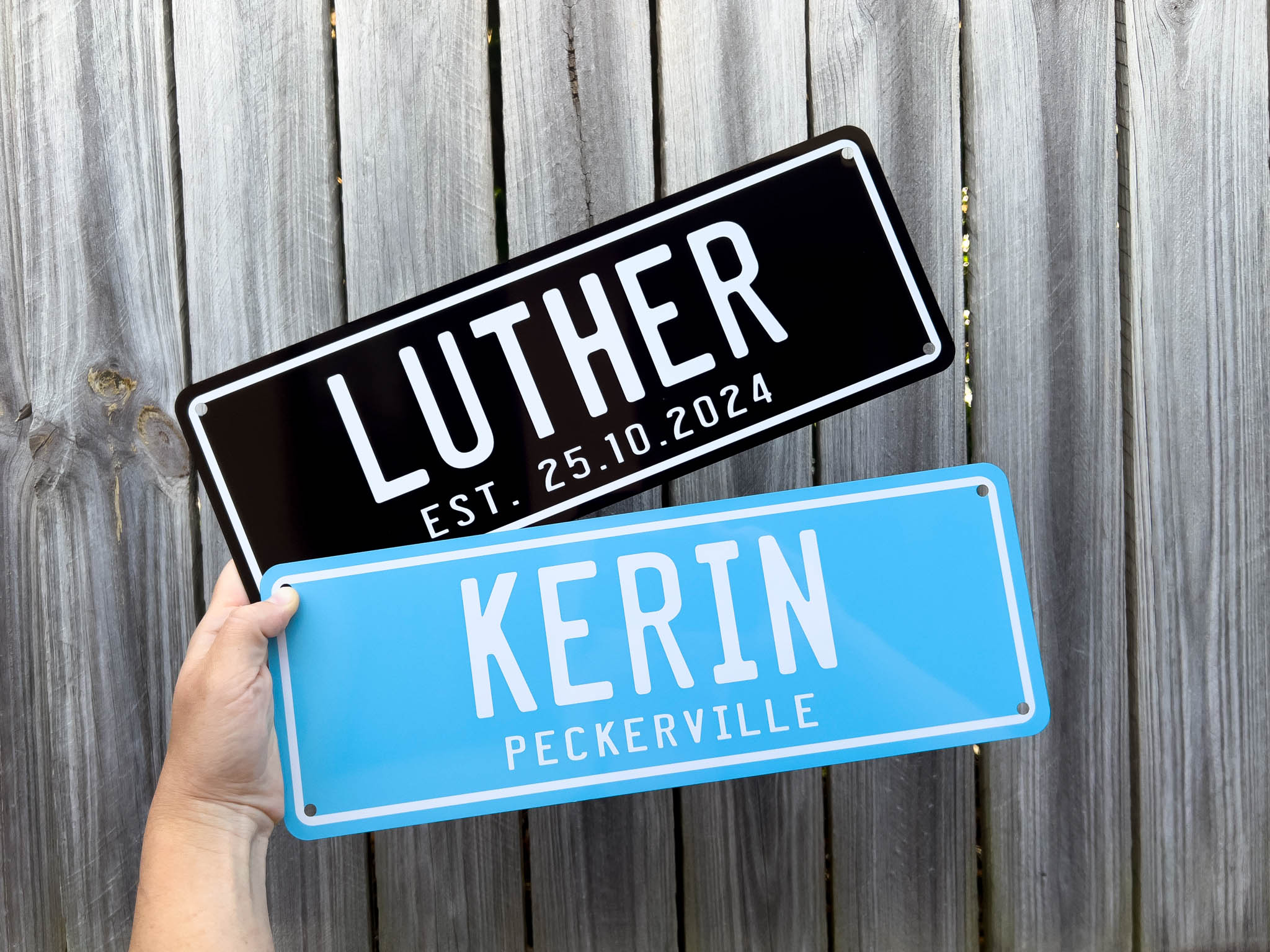Two novelty-style number plates with the names 'LUTHER' & 'KERIN' in black and blue.
