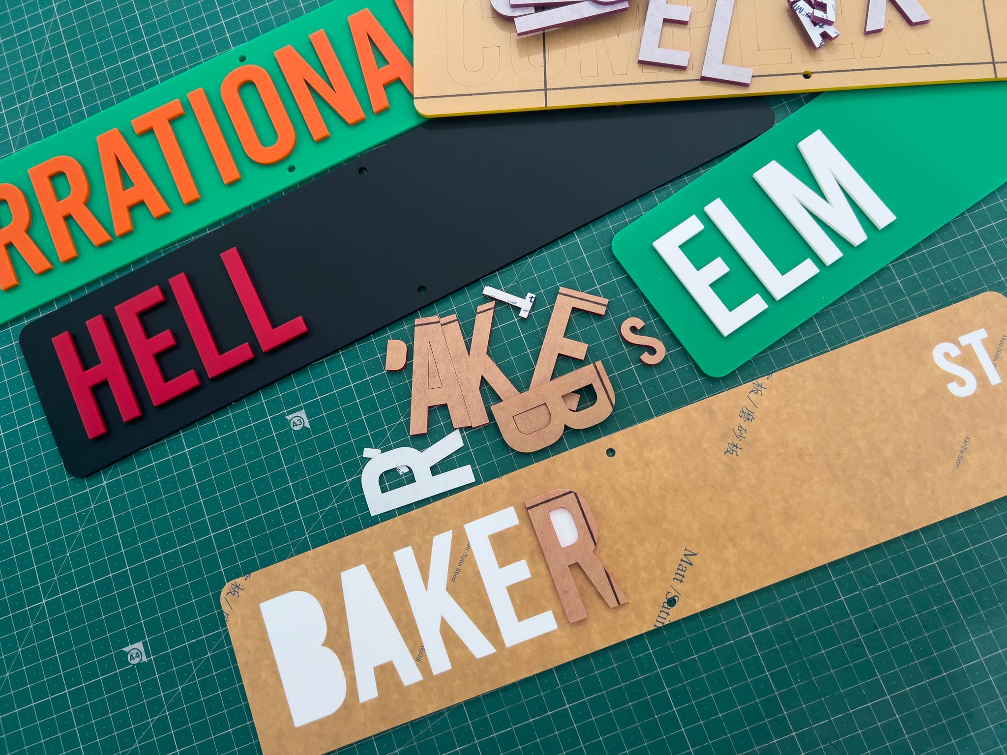 Elmont 3D street signs being assembled on a table
