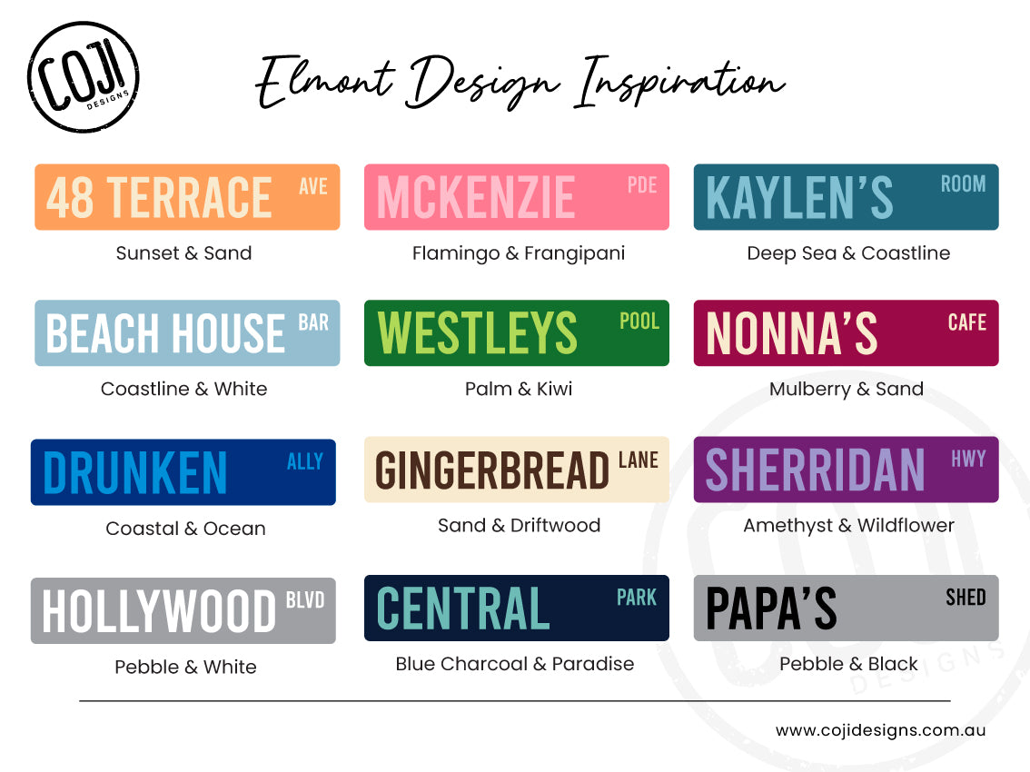 A range of Elmont street sign colour combinations for design and text inspiration