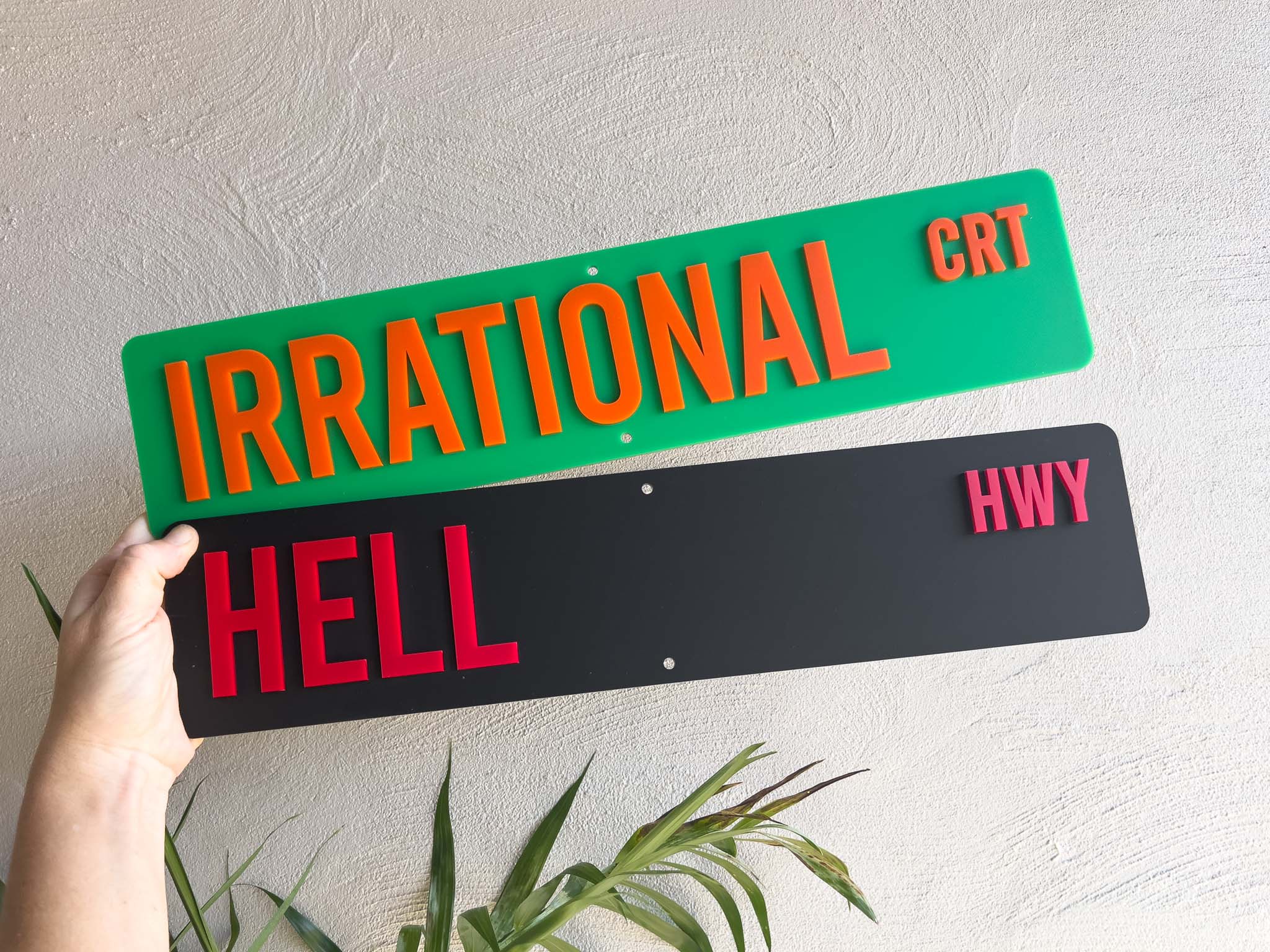 Two novelty street signs with humorous text held by a hand against a light background.