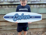 Classic style striped surfboard customised with a child's name 'Cohen' and 'EST. 2017'.