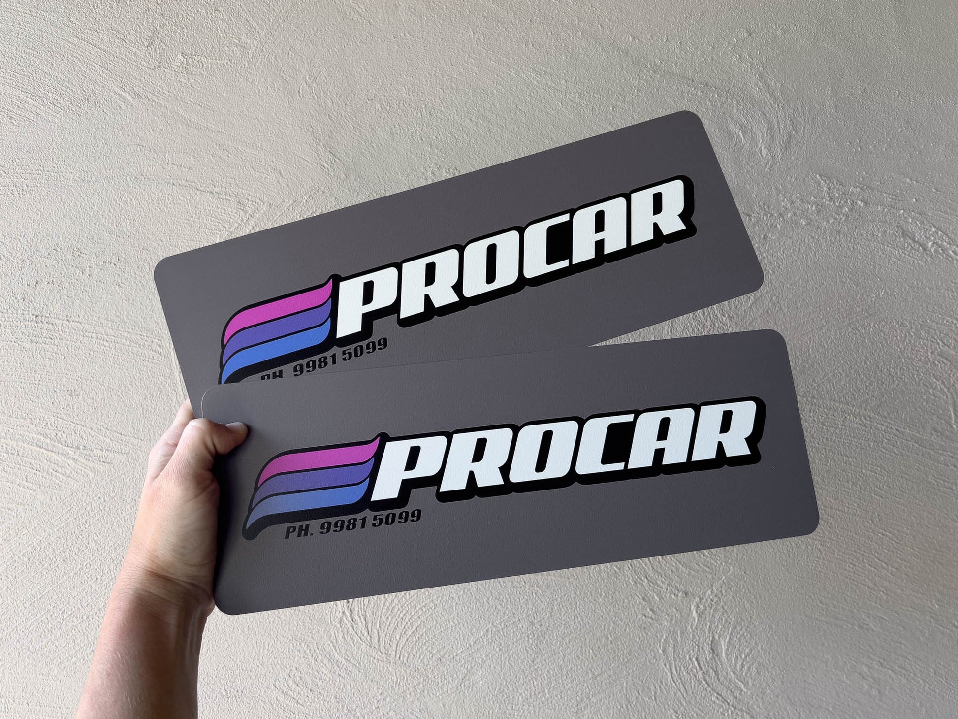 Two Procar branded license plates held against a light grey background