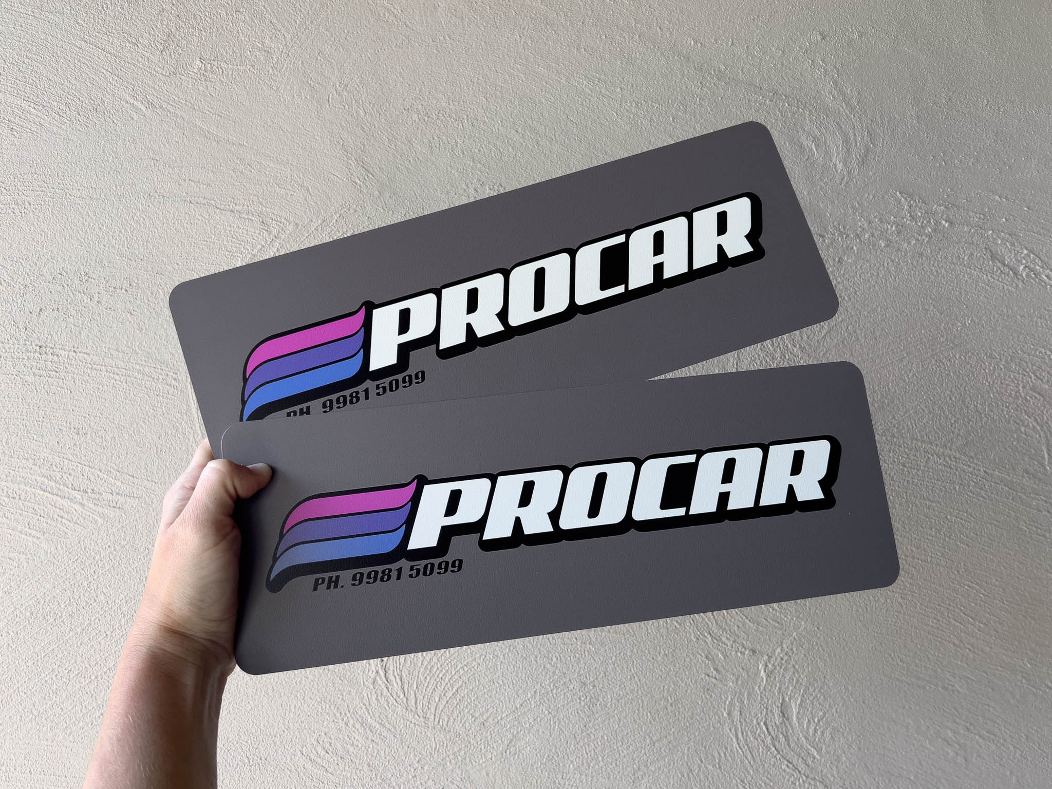 Two Procar branded license plates held against a light grey background