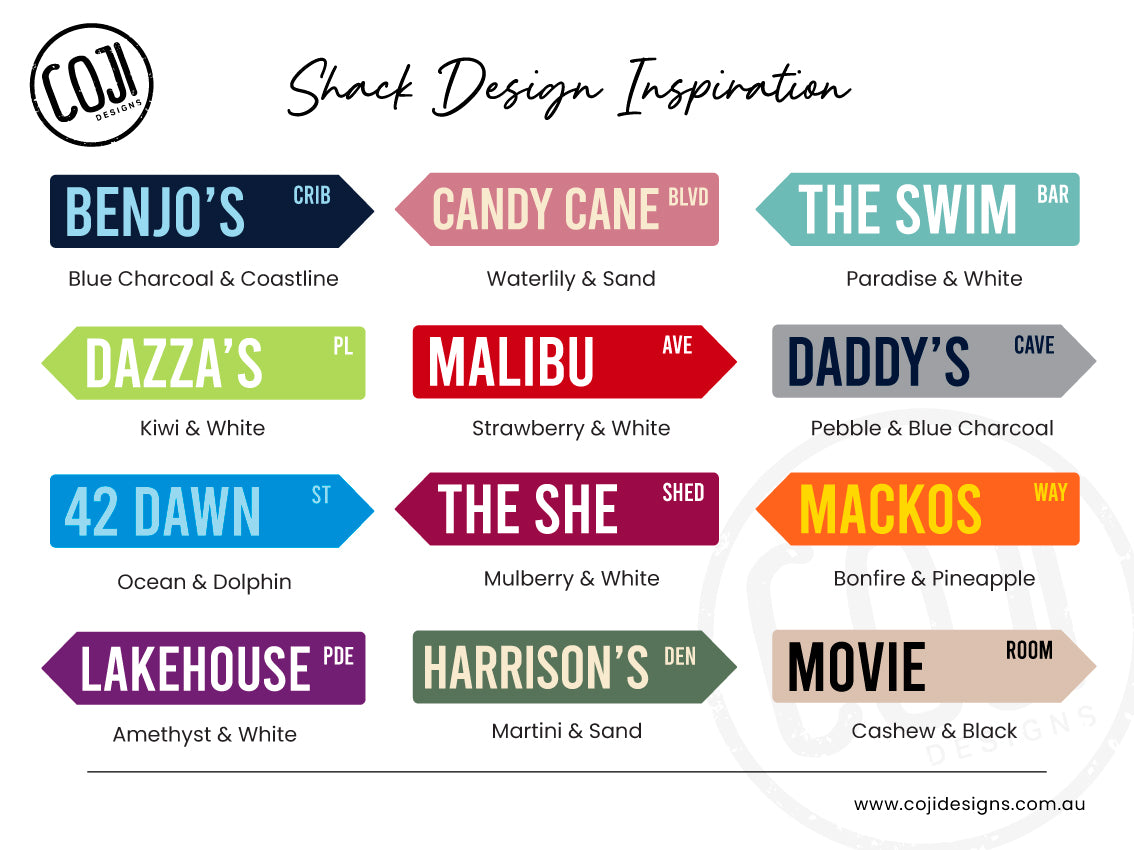 A collection of text and colour examples for the Shack Direction Street sign.