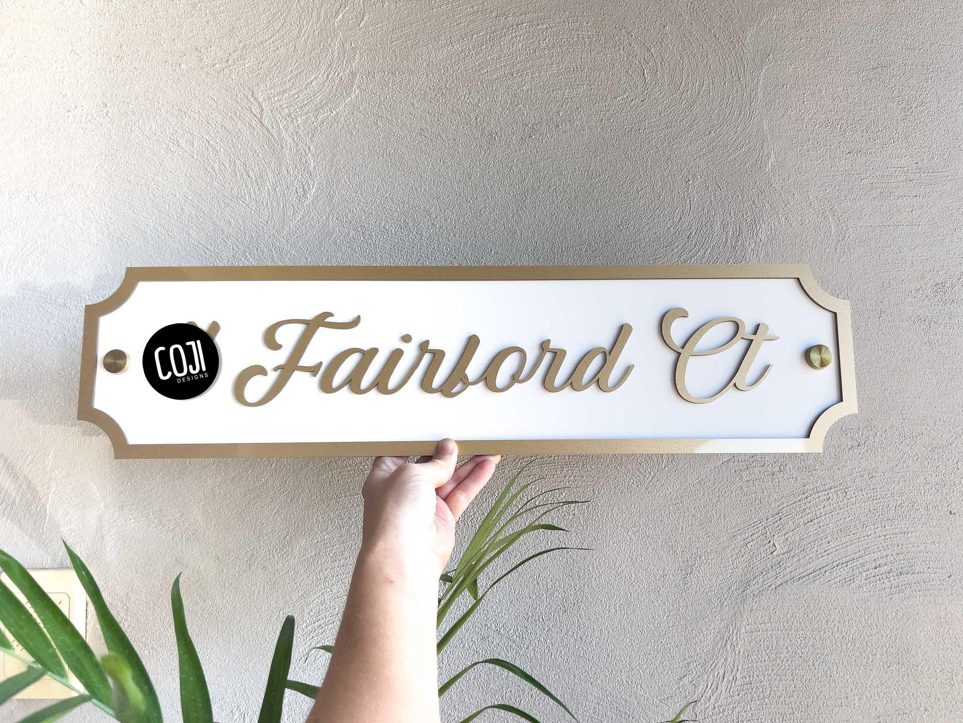 Metallic gold and white custom street address sign in a script Queenslander Hampton style design
